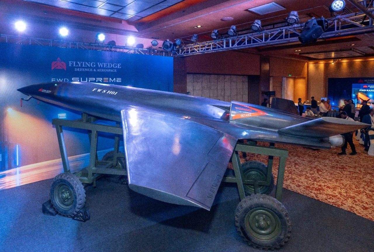 Full-scale static prototype of the Flying Wedge FWD Supreme AI-piloted fighter shown in New Delhi