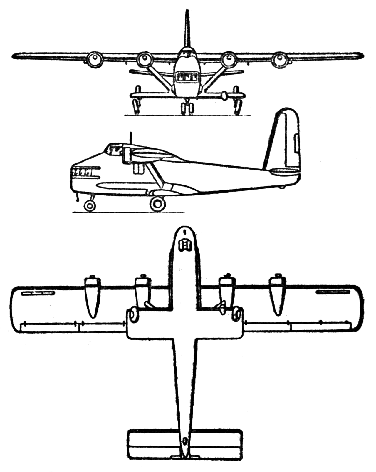 Three-view line drawing of the General Aircraft GAL.38 Fleet Shadower showing four wing-mounted engines and a single tail fin