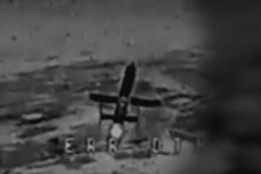 Russian Geran-5 jet drone seen head-on from the camera of a P1-SUN JetKiller interceptor