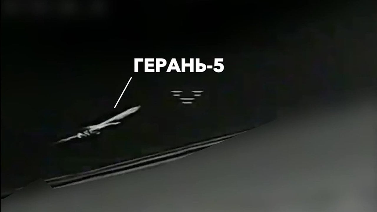 Russian Geran-5 jet drone in the camera view of a Ukrainian P1-SUN JetKiller interceptor