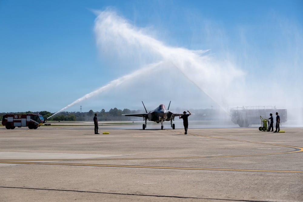 Water salute for the first German F-35A at Ebbing Air National Guard Base