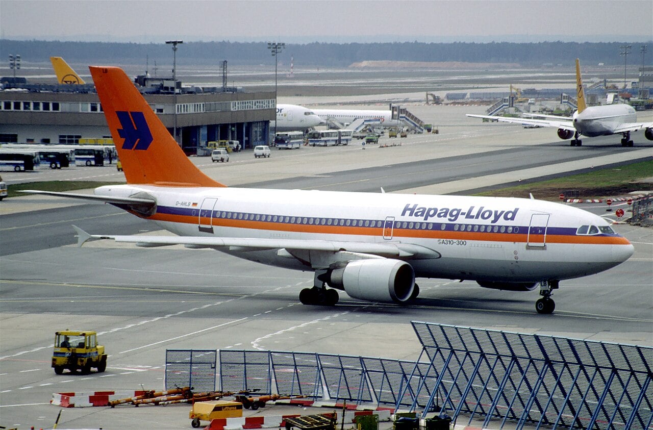 Hapag-Lloyd Airbus A310-304 D-AHLB taxiing at Frankfurt in 1998