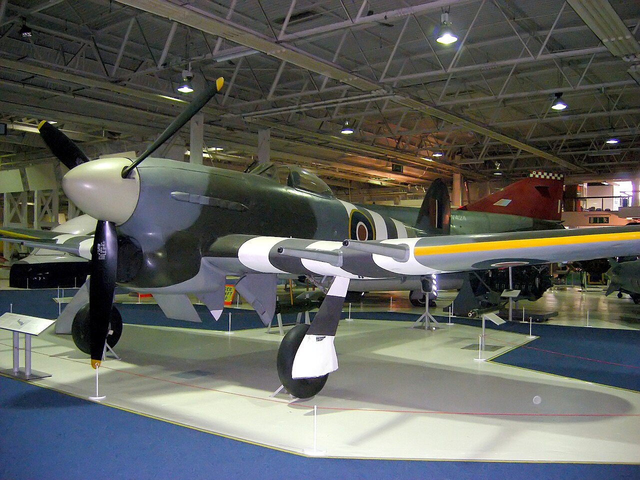 Hawker Typhoon IB MN235 on display at the RAF Museum London in Hendon, in invasion stripes