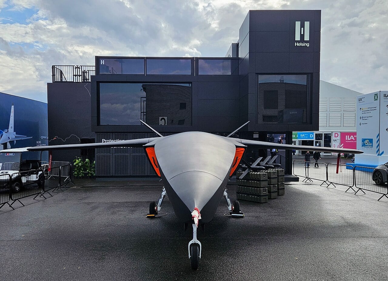 Helsing CA-1 Europa combat drone mock-up in front of the Helsing chalet at ILA Berlin 2026