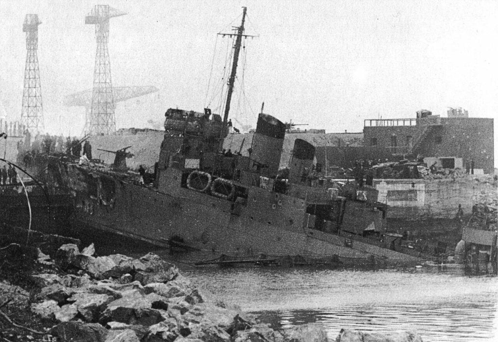 HMS Campbeltown wedged in the Normandie dock gate at Saint-Nazaire, 28 March 1942