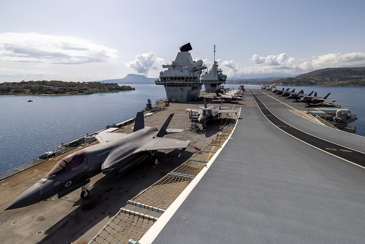 HMS Prince of Wales F-35B jets on the flight deck Royal Navy and RAF F-35B Lightning jets parked on the flight deck of HMS Prince of Wales