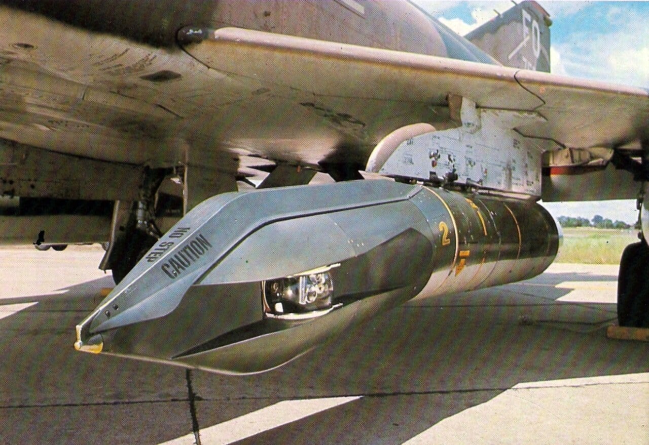 Pave Knife laser designator pod under the wing of an 8th Tactical Fighter Wing F-4D Phantom II in 1973