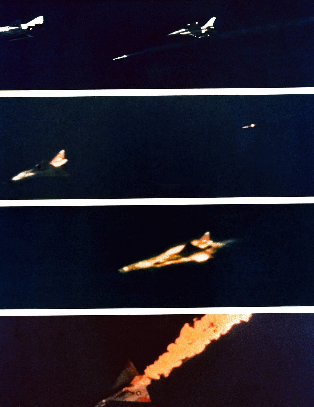 Four-frame sequence of an AIM-120 AMRAAM test shot destroying a QF-102 target drone