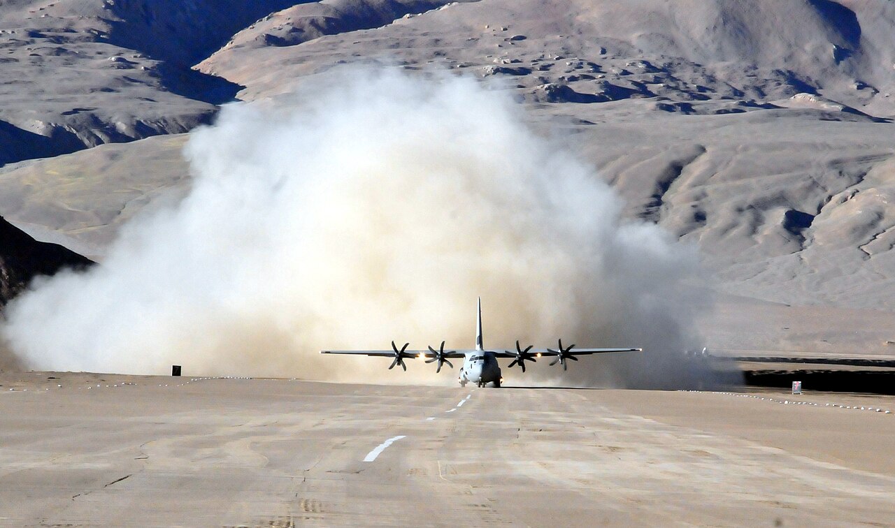 An Indian Air Force C-130J Super Hercules on the high-altitude airstrip at Daulat Beg Oldi in Ladakh