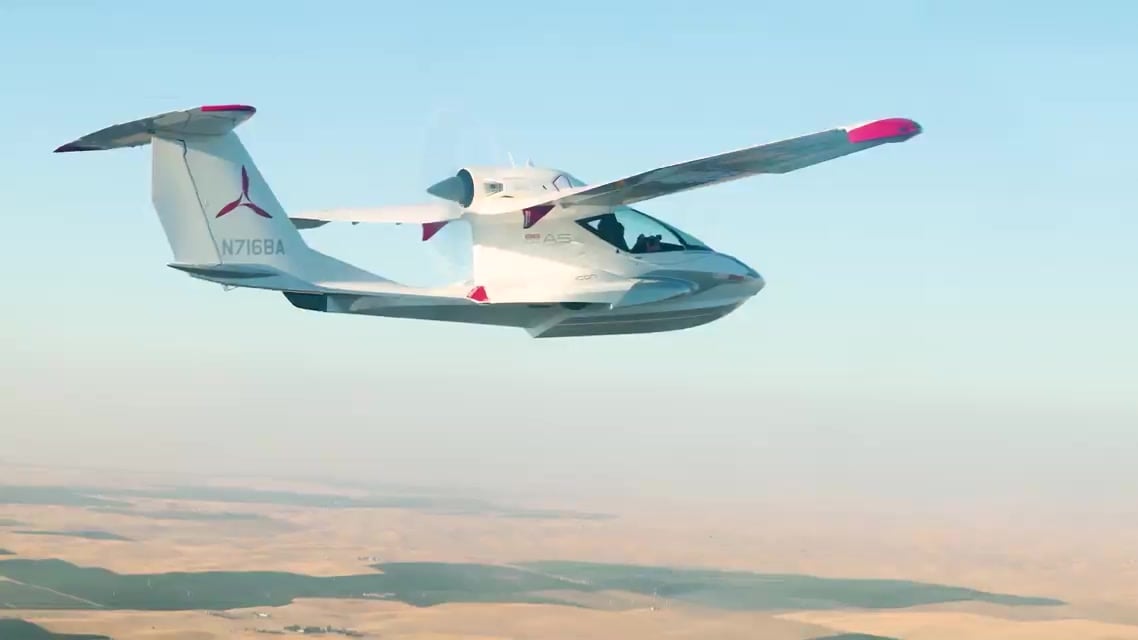 Icon A5 amphibian in flight over farmland during USAF Test Pilot School qualitative evaluation sorties