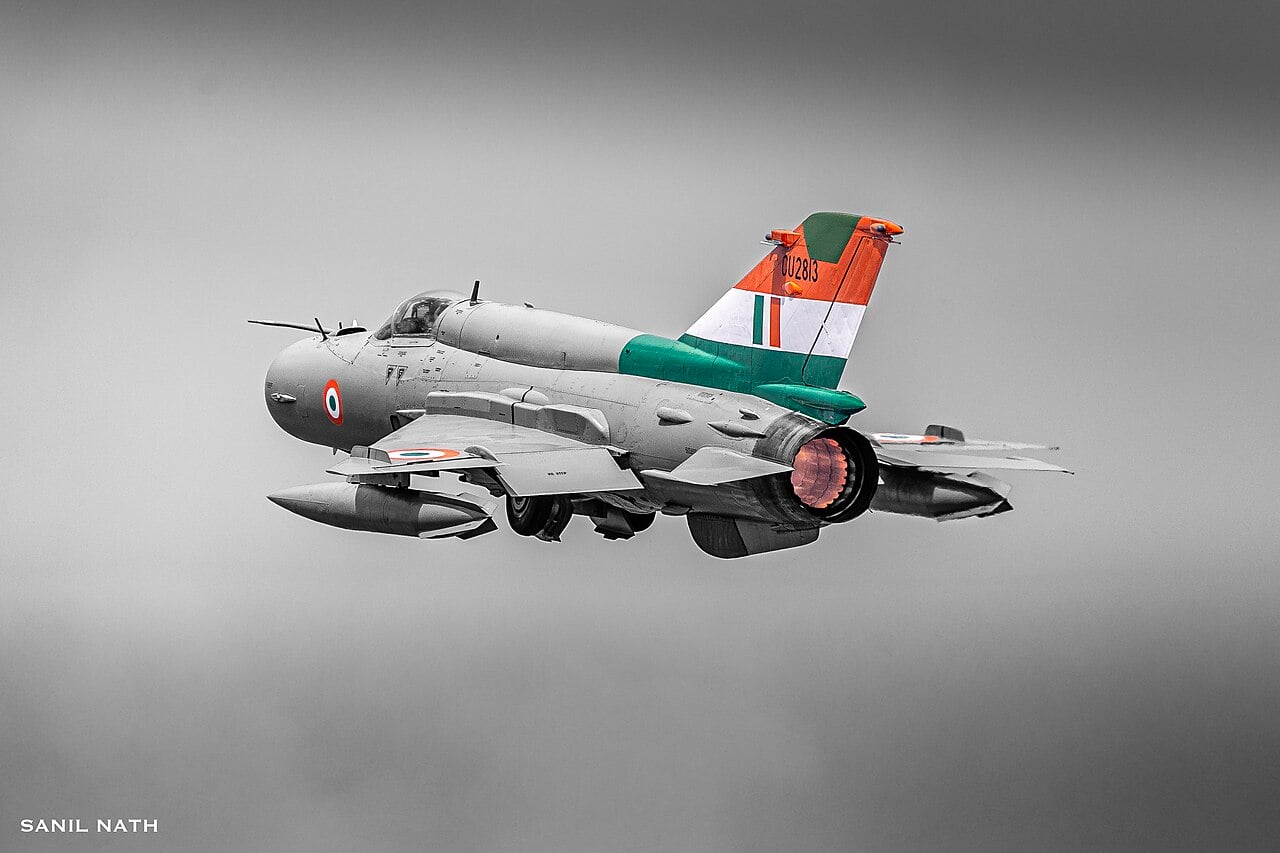 Indian Air Force MiG-21 Bison taking off with afterburner