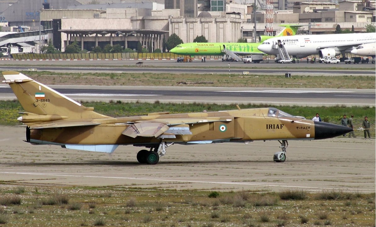 A desert-camouflaged Islamic Republic of Iran Air Force Sukhoi Su-24 taxiing at Mehrabad airport in Tehran