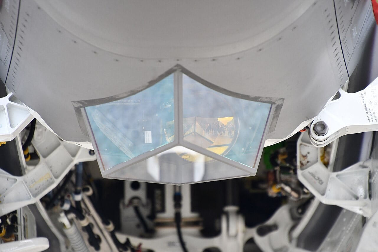 The faceted sapphire window of the AN/AAQ-40 EOTS under the nose of a Japan Air Self-Defense Force F-35A