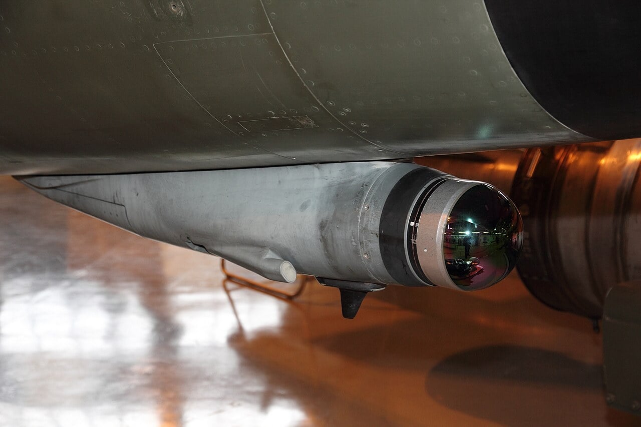 Infrared search and track sensor fairing under the nose of a Saab 35FS Draken in a museum