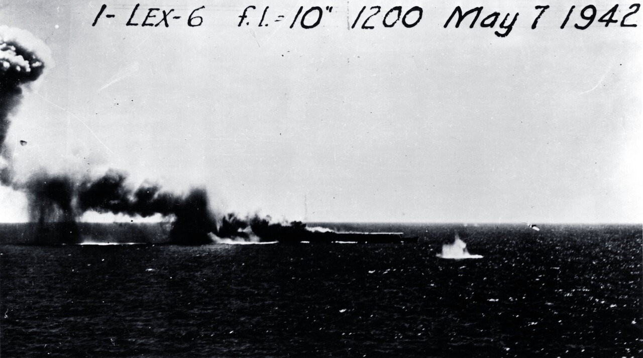 Japanese light carrier Shoho under attack by US Navy aircraft in the Coral Sea, 7 May 1942
