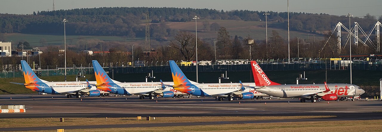 Five Jet2 Boeing 737-800s parked at Birmingham Airport in January 2024