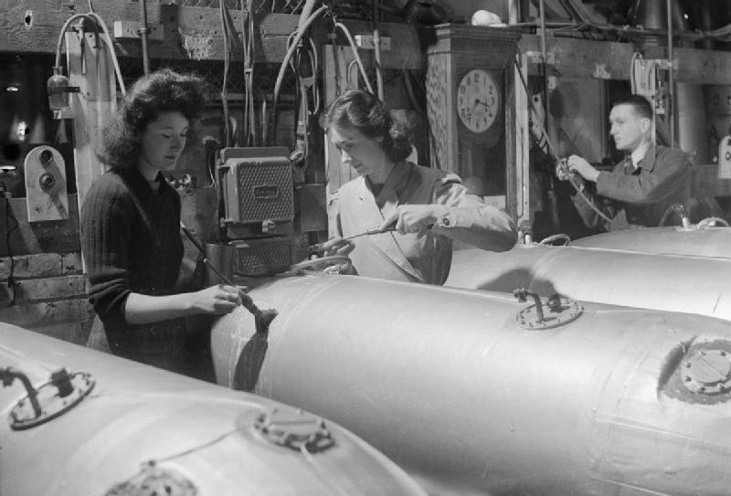 Workers producing jettison fuel tanks in Britain in 1944