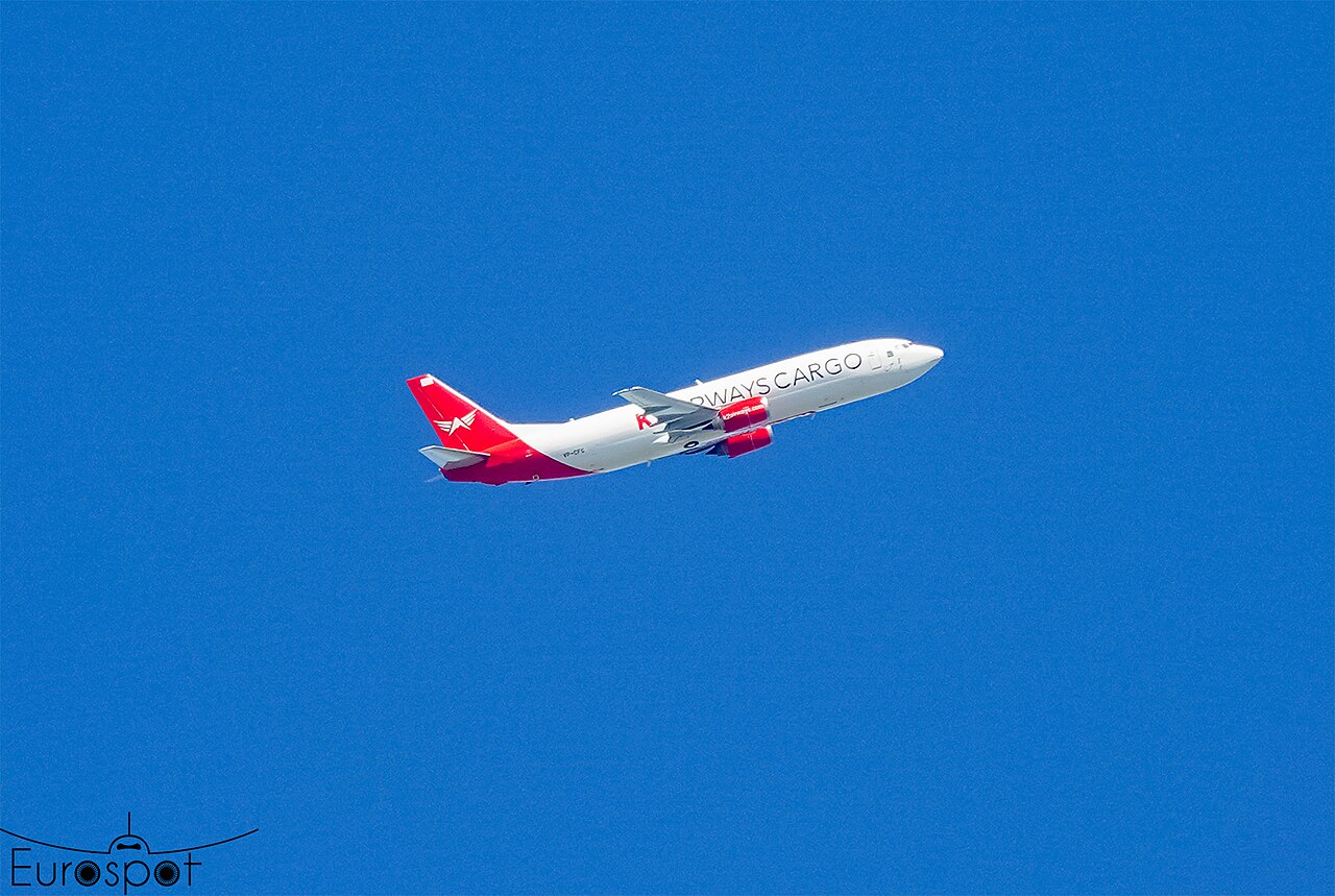 K2 Airways Boeing 737-400 freighter VP-CFG climbing out after departure