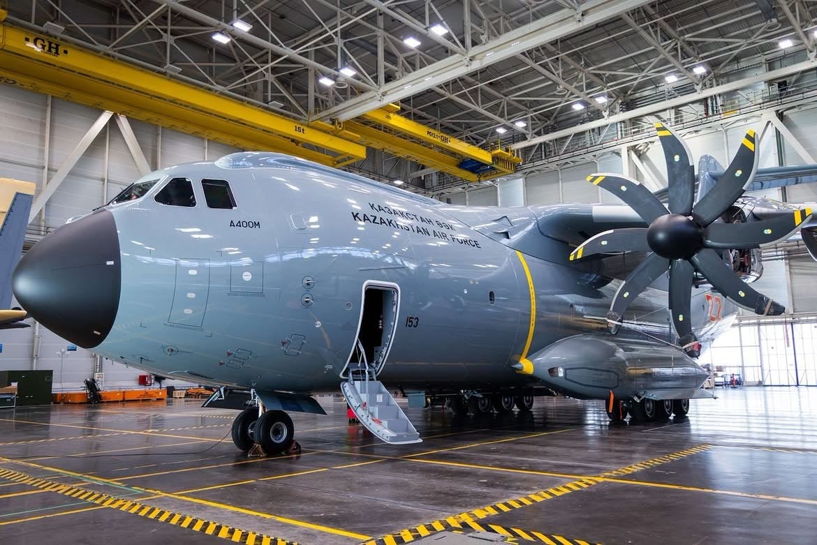 Kazakhstan Air Force Airbus A400M in glossy grey livery in the Seville hangar