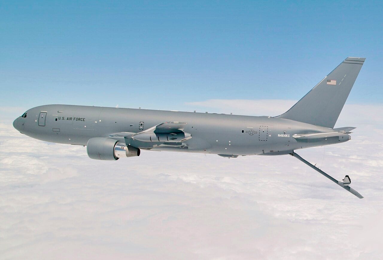 US Air Force KC-46 Pegasus tanker with its refuelling boom extended