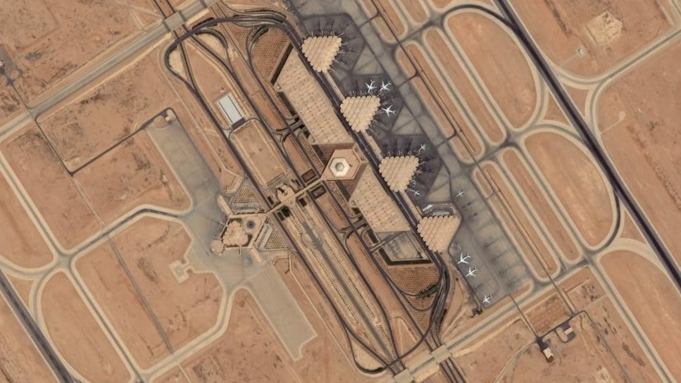 Aerial view of King Khalid International Airport in Riyadh showing its terminal buildings