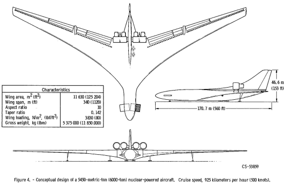 Three-view drawing of the Lockheed CL-1201 nuclear-powered giant aircraft concept from NASA TM X-2386