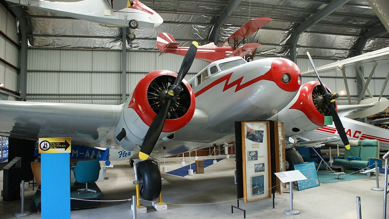 A preserved Lockheed Model 10 Electra twin-engine airliner on museum display
