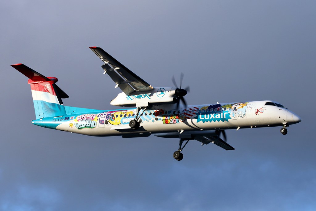 Luxair De Havilland Dash 8-400 LX-LQA with gear and flaps extended on approach