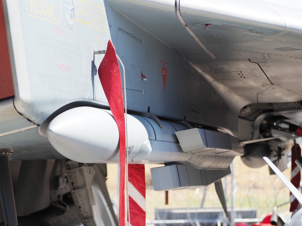 MBDA Meteor ramjet air-to-air missile training round mounted under a German Air Force Eurofighter, showing its side air intakes