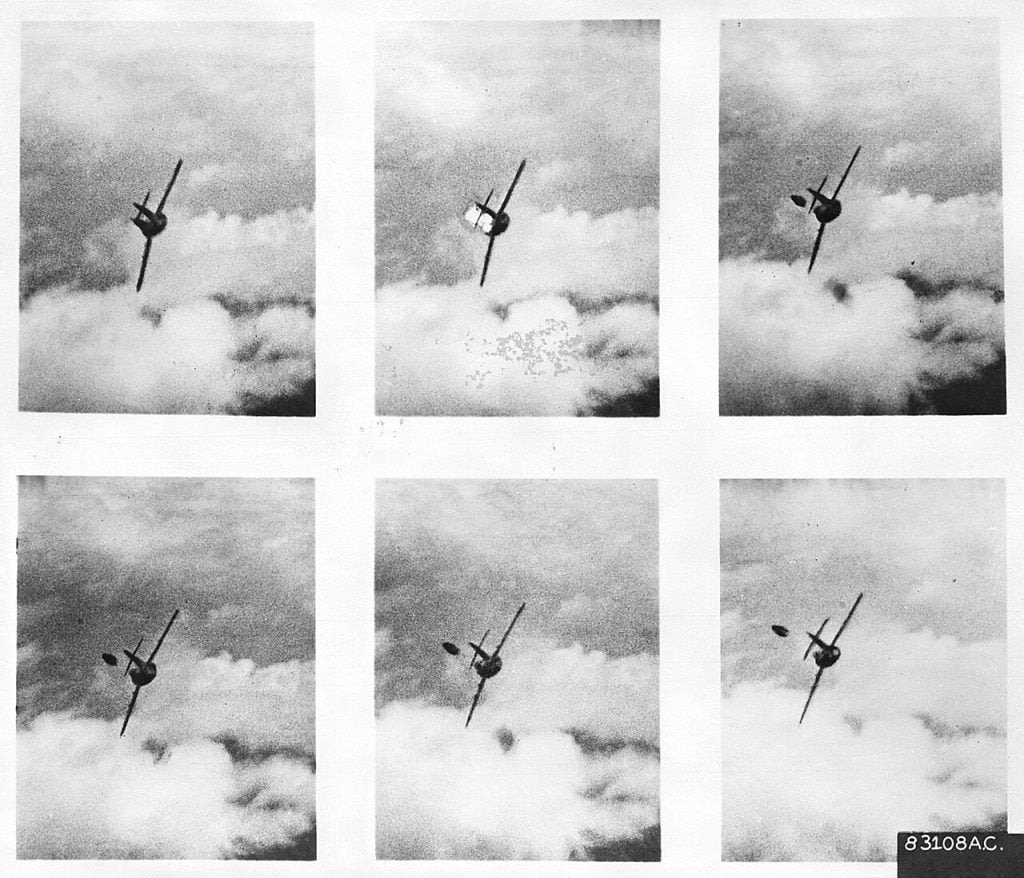 Gun camera frames from an F-86 Sabre showing a MiG-15 pilot ejecting, 1953