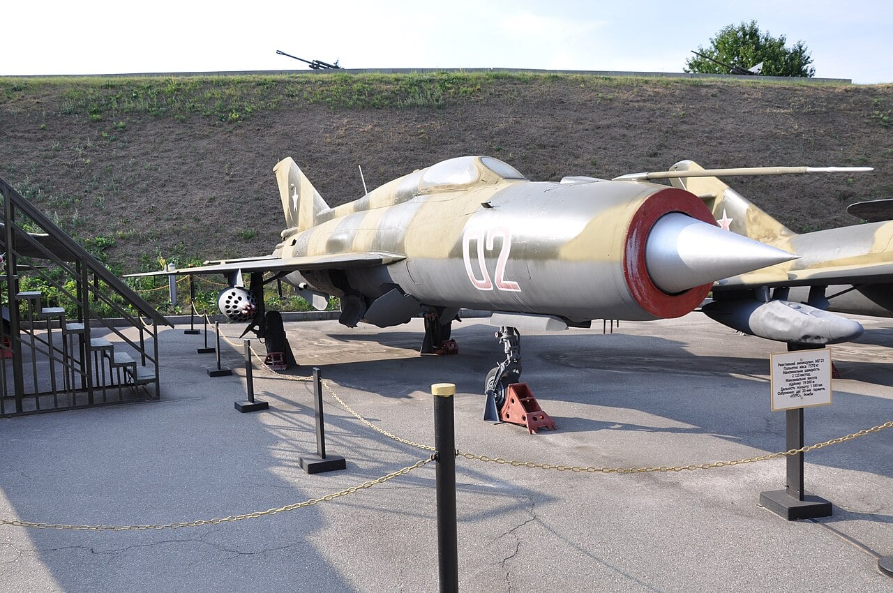 Front view of a MiG-21 showing the round intake and nose cone