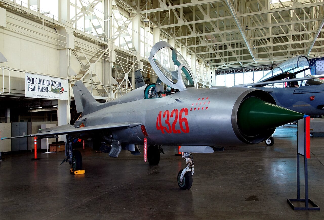 MiG-21 Fishbed showing its round nose intake and green shock cone