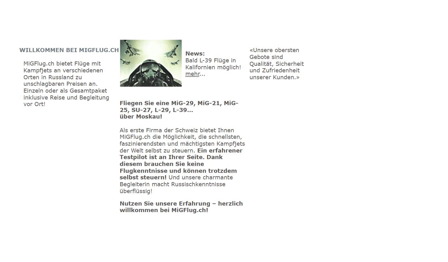 The migflug.com website in 2005, archived by the Wayback Machine