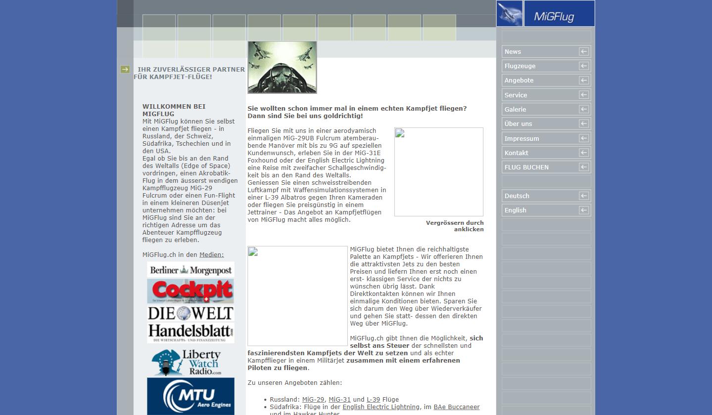 The migflug.com website in 2008, archived by the Wayback Machine