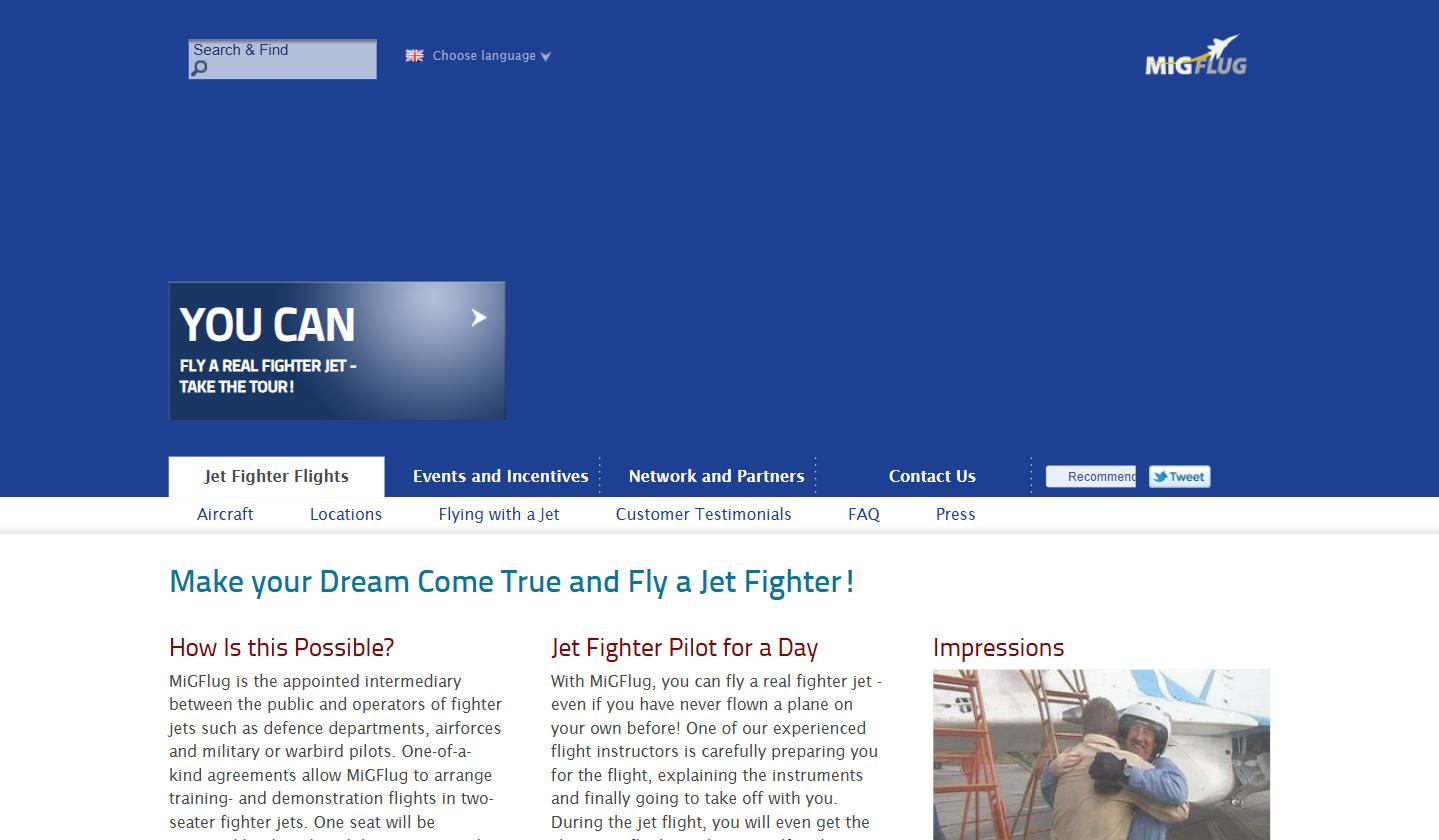 The migflug.com website in 2011, archived by the Wayback Machine