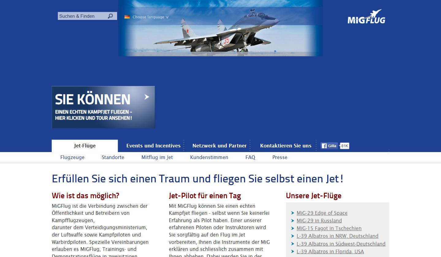 The German-language migflug.com homepage in January 2017 with a MiG-29 banner, archived by the Wayback Machine