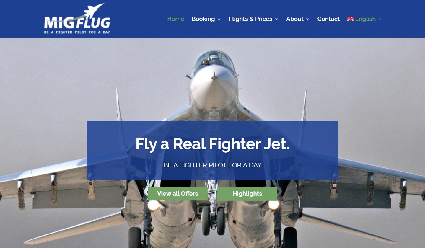 The migflug.com homepage in 2019 with a MiG-29 head-on, archived by the Wayback Machine