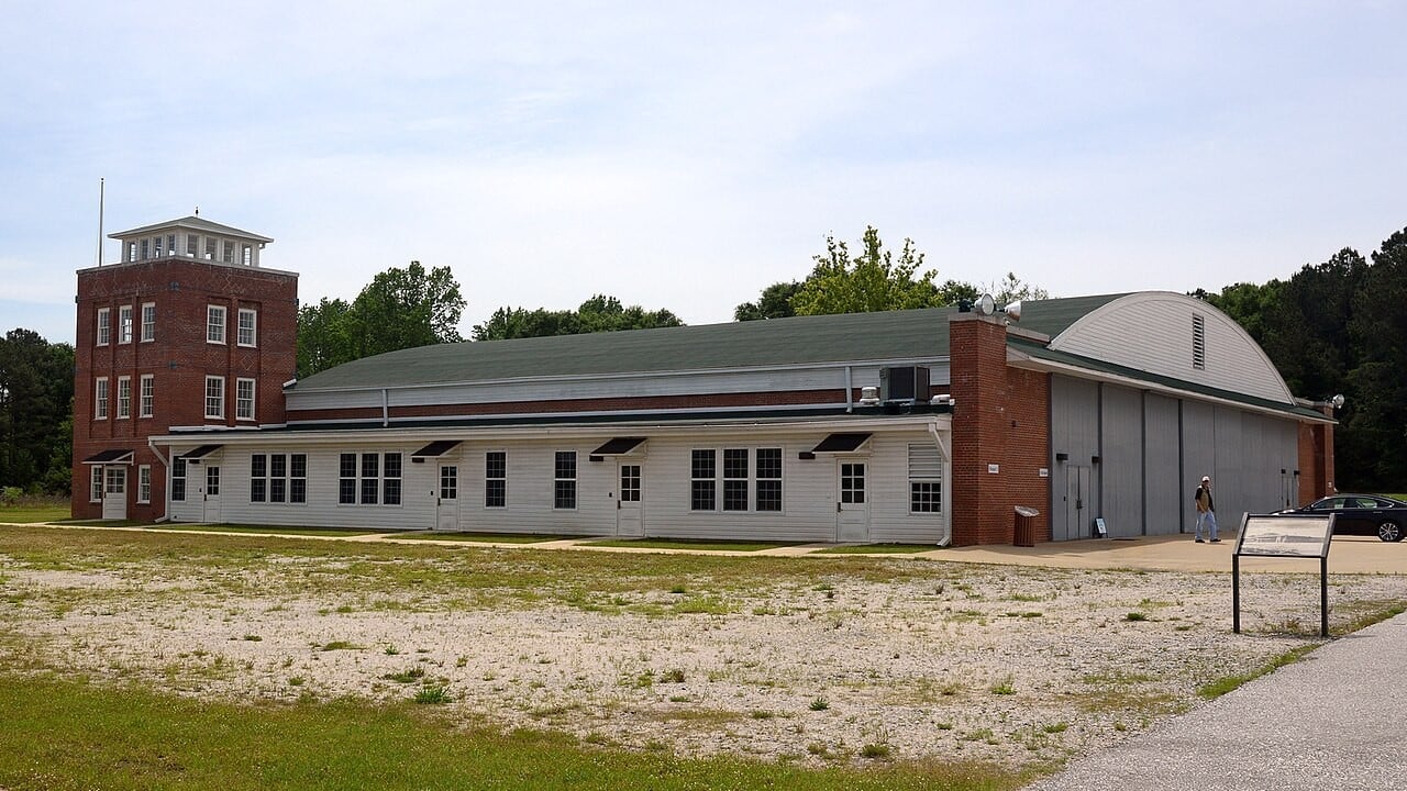 Hangar 2 and the brick control tower at Moton Field, Tuskegee, Alabama, part of the Tuskegee Airmen National Historic Site