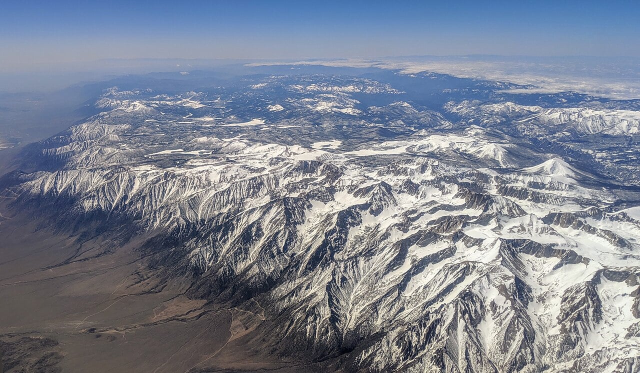 Aerial view of the snow-covered south-eastern Sierra Nevada including Mount Whitney