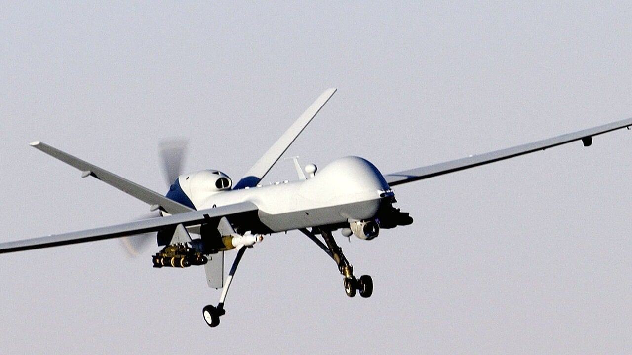 MQ-9 Reaper in flight A US Air Force MQ-9 Reaper in flight, wing spanning the frame