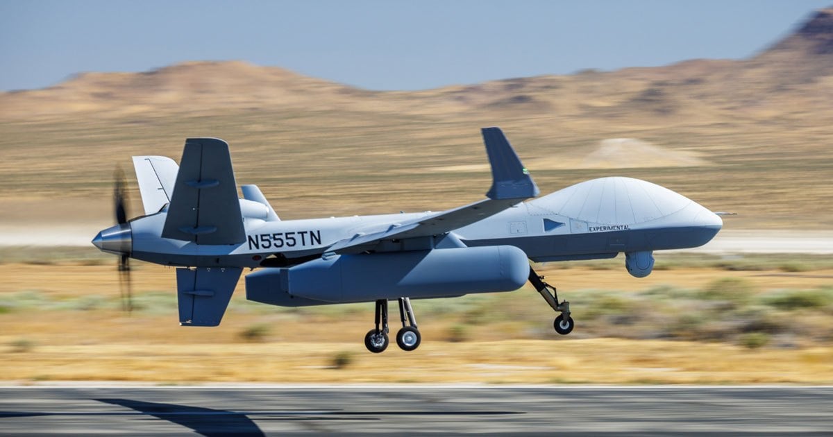MQ-9B N555TN taking off with airborne early warning pods on their first flight in May 2026