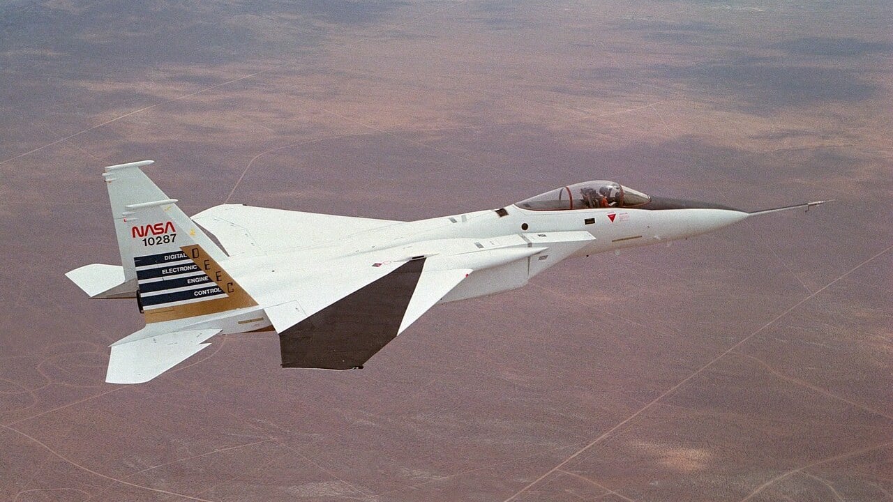 NASA F-15A number 287 in flight over California City during DEEC digital engine control testing