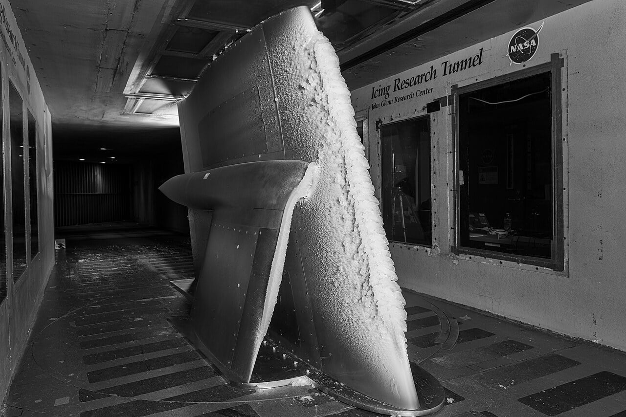 Rough white ice built up along the leading edge of a Transonic Truss-Braced Wing model in NASA Glenn’s Icing Research Tunnel