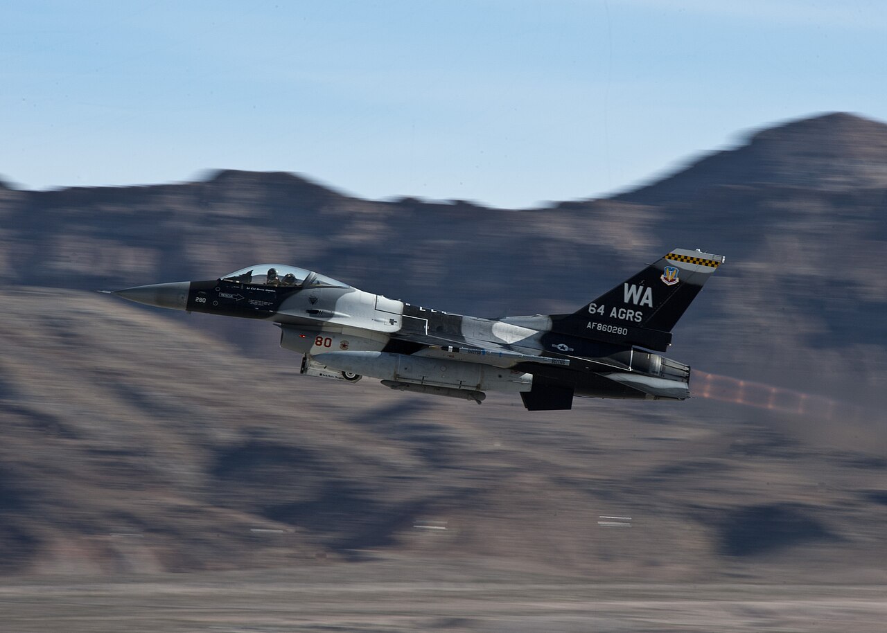 64th Aggressor Squadron F-16 taking off at Nellis Air Force Base