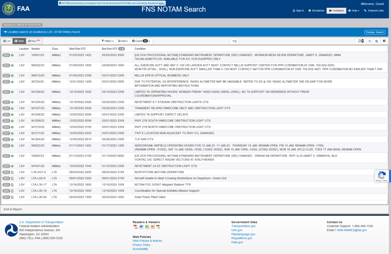 FAA NOTAM search page on 11 January 2023 showing military NOTAMs for Nellis Air Force Base and a banner warning that NOTAM processing is impaired