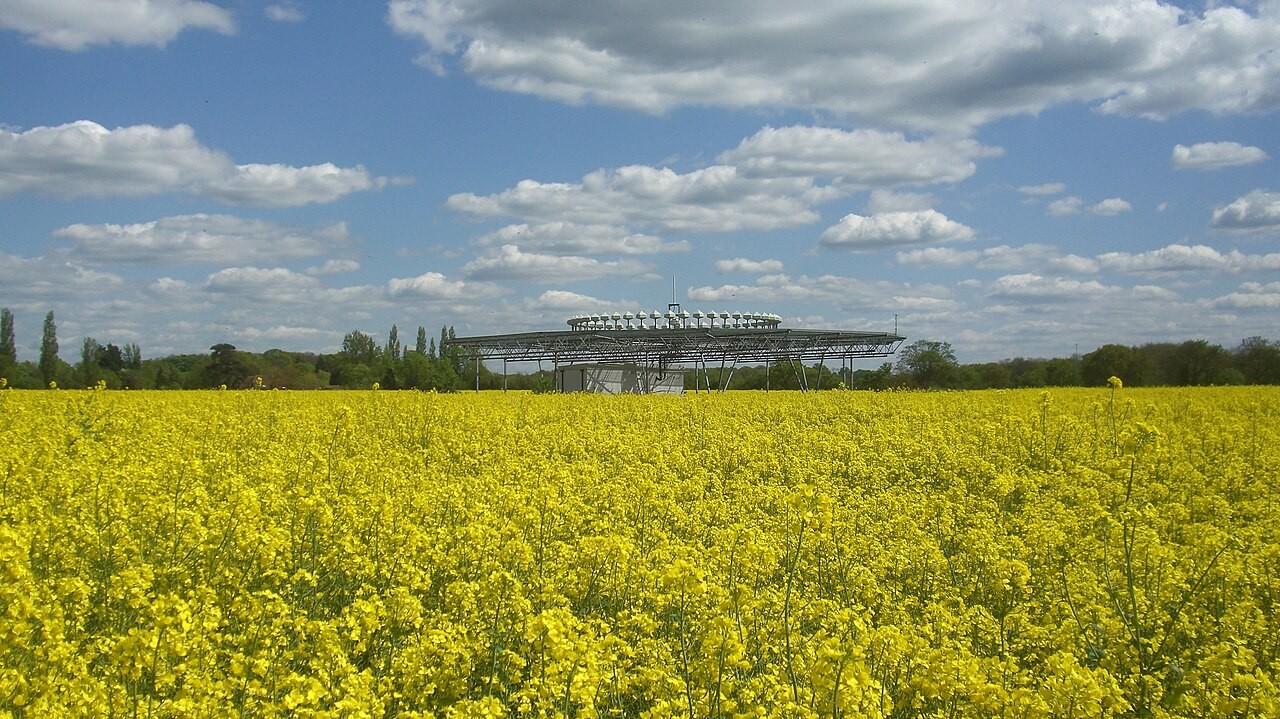 The Ockham VOR navigation beacon, a large round ground plane on stilts, in a yellow field of oilseed rape