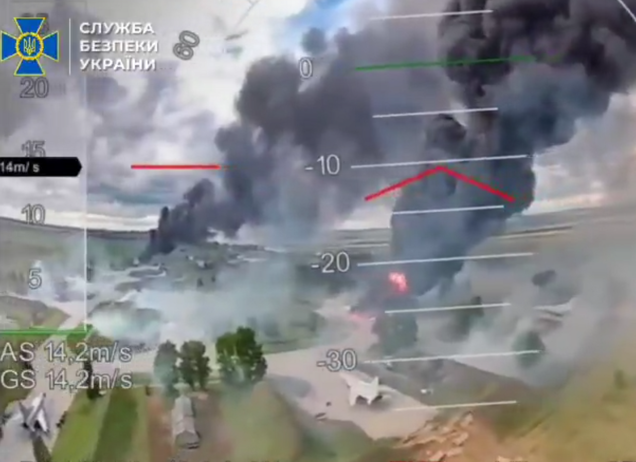 FPV drone footage of Tu-22M3 bombers under attack at Belaya air base, Operation Spiderweb