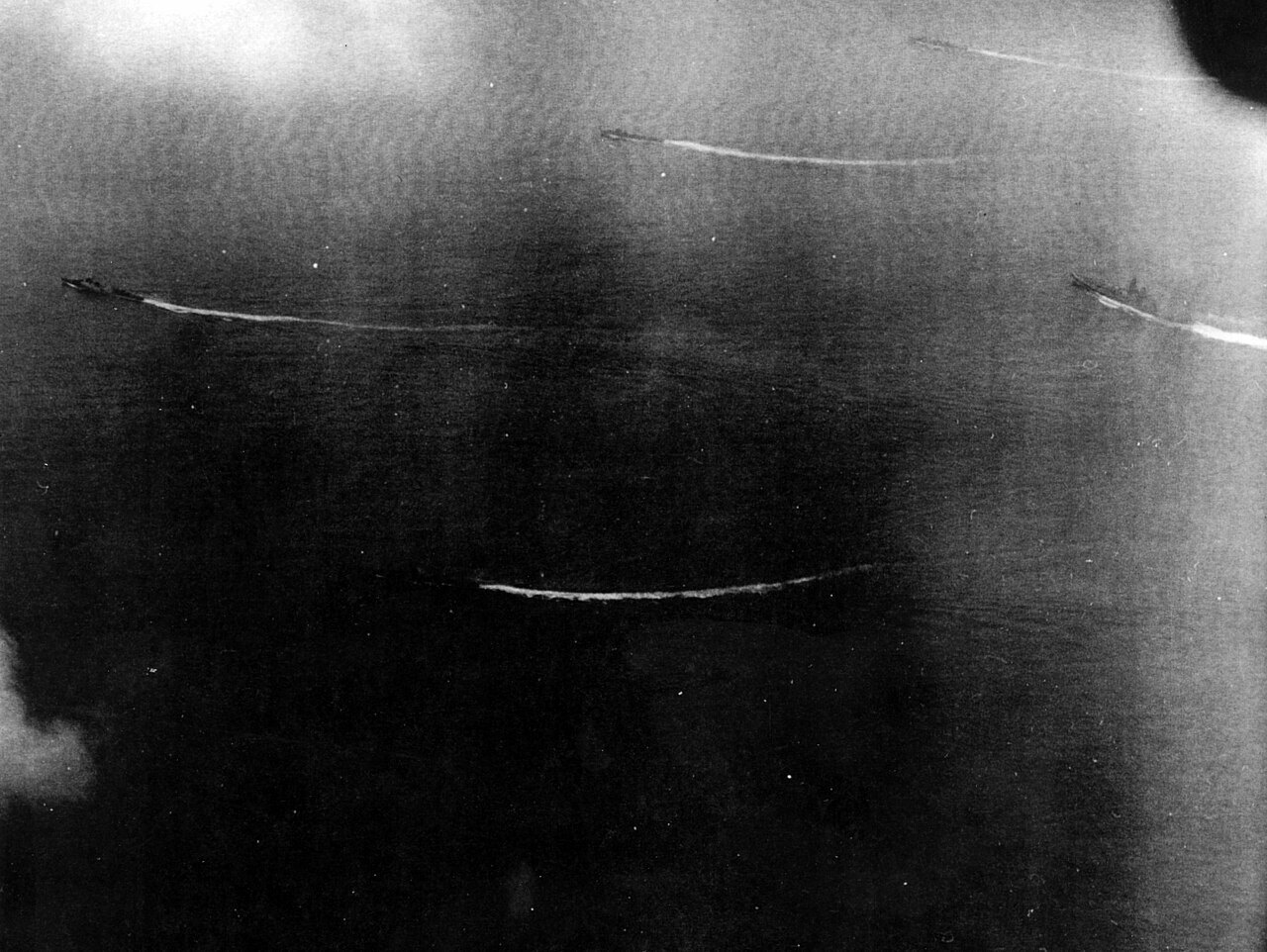 Battleship Yamato and her escorts steaming towards Okinawa on 7 April 1945, photographed from a US Navy aircraft