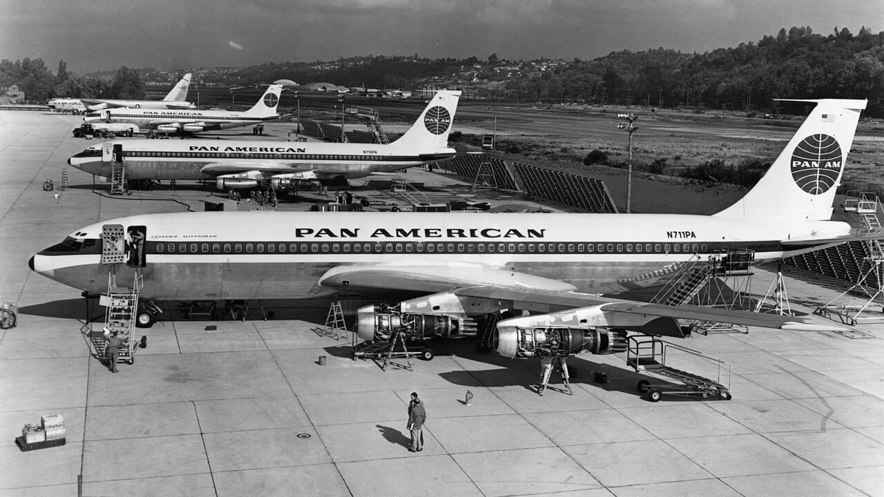 Three new Pan American Boeing 707-121 jetliners on the Boeing flight line in Seattle in 1958, with N711PA in the foreground
