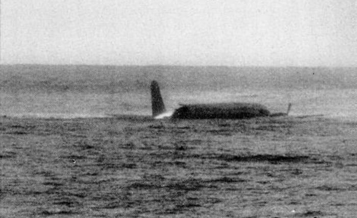 The ditched Pan Am Boeing 377 Stratocruiser afloat in the Pacific Ocean in October 1956